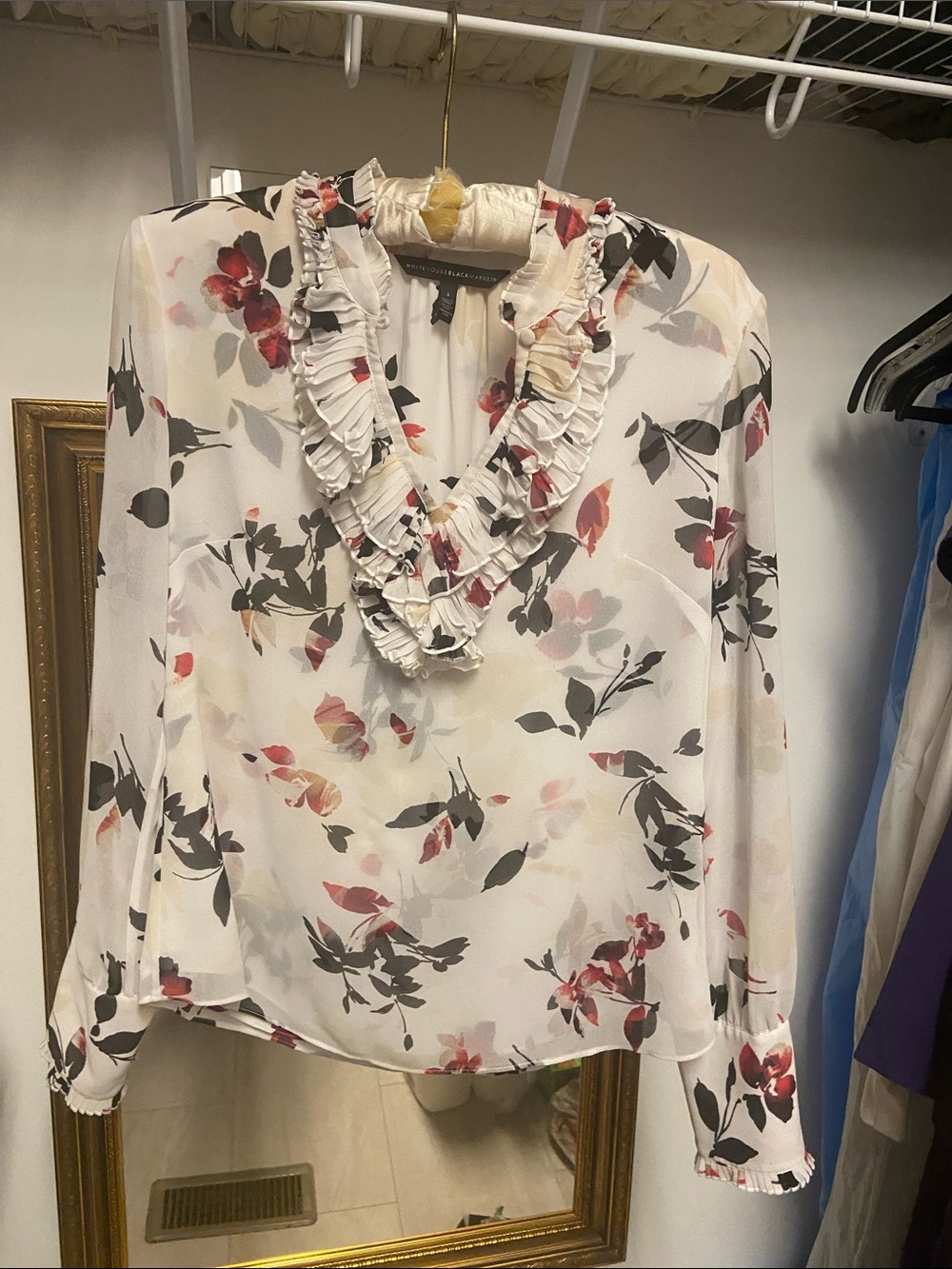 White House Black Market Cream Floral Ruffle V-Neck Blouse
